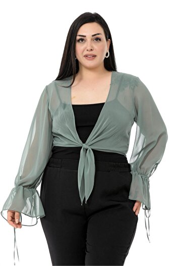 DISENTIS MODEST Plus Size Sleeve Detailed Tied Front Chiffon Water Green Bolero