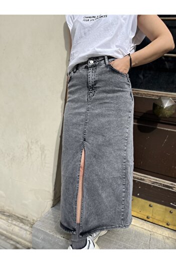 soBasic Gray Jean Front Slit Denim Jeans Pencil Skirt