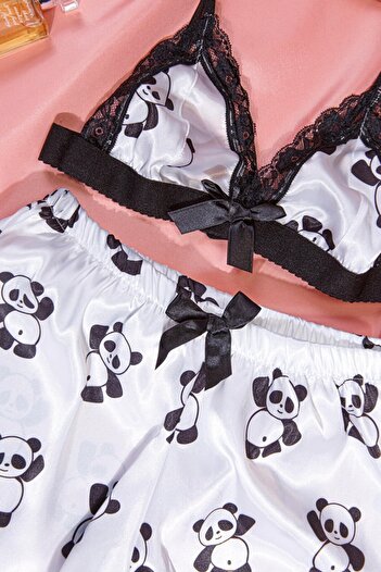 MEBA Satin Pajama Set - Black and White Panda with Lace, Shorts and Nightgown - Bustier with Rope Straps