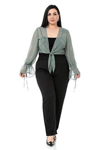 DISENTIS MODEST Plus Size Sleeve Detailed Tied Front Chiffon Water Green Bolero