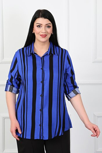 By Alba Collection Жіноча темно-синя сорочка з товстими смугами з бавовняного віскозу, великий розмір