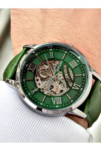 Reward Green Color Classic Leather Strap Automatic Business Men's Wristwatch + Bracelet Gift