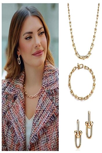 Madambb Women's Gold Stoneless Tiffany Necklace Earring Bracelet Set 3 Piece