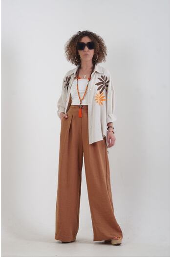 Zelish My Sister Light Brown Wide Leg Linen Blended Trousers