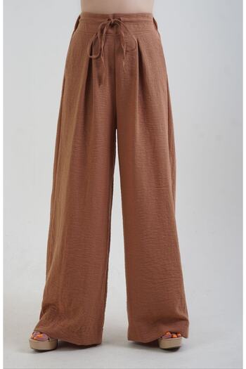 Zelish My Sister Light Brown Wide Leg Linen Blended Trousers
