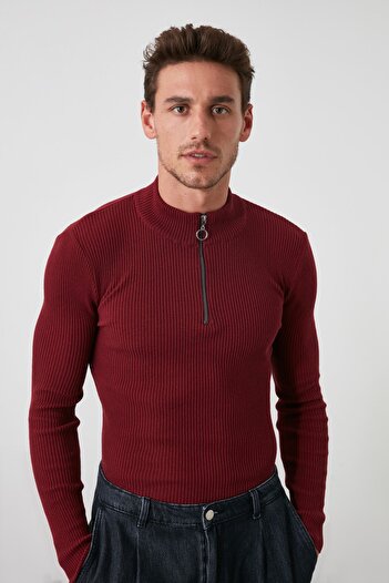 Trendyol Collection Claret Red Corded Cotton Collar Zippered Sweater Tmnaw20Kz1034