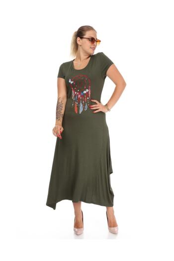 MJORA Women's Green Ethnic Pattern Detailed Viscose Plus Size Dress
