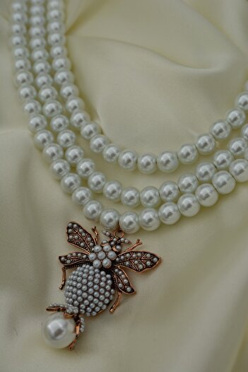 Stoneage Women's Necklace with Pearls and Zircon Stone Bee Figure