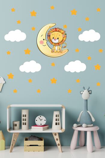 Tilki Dünyası Cute Lion Yellow Stars and White Clouds Kids Room Wall Sticker