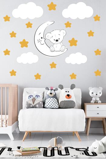 Tilki Dünyası Cute White Teddy Bear Yellow Stars And Clouds Decorative Baby Kids Room Wall Sticker