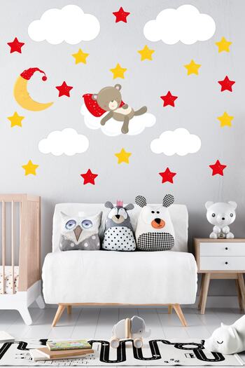 Tilki Dünyası Sleeping Teddy Bear in the Clouds, Yellow, Red Stars, White Clouds Moon Grandpa Sticker