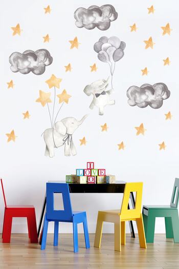 Tilki Dünyası Cute Elephants Yellow Stars and Pink Clouds Kids Room Sticker