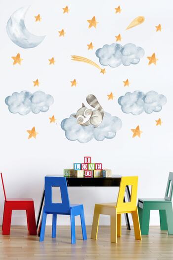 Tilki Dünyası Raccoon Sleeping on Cloud Stars Blue Clouds Kids Room Sticker