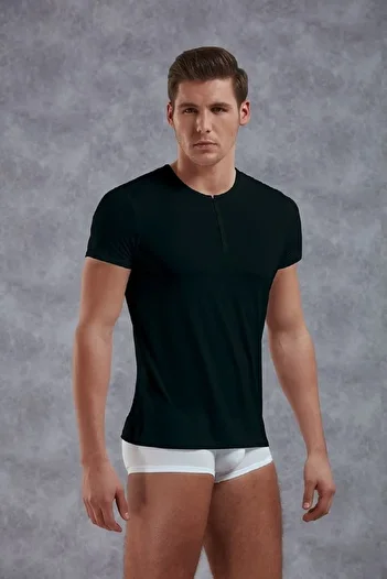 Doreanse Micro Modal Breathable Short Sleeve Buttoned Men's Black T-shirt