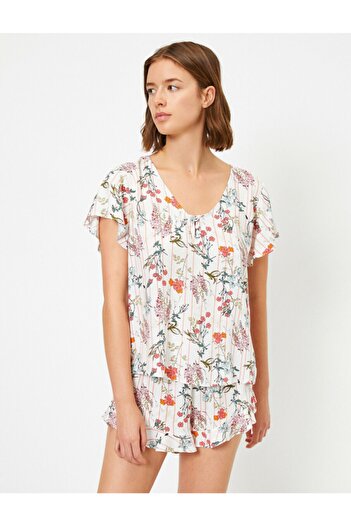 Koton Women's Ecru Floral Short Sleeve Floral Pajama Top