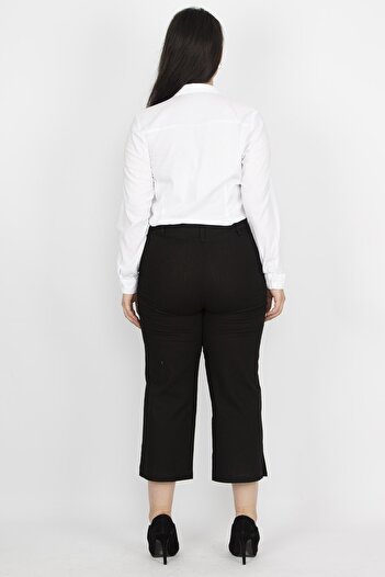 Şans Women's Large Size Black Ornamental Pocket Capri Trousers 65n19370