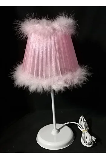 TEKAY AYDINLATMA Girl's Room Pink Feather Lampshade with White Metal Legs