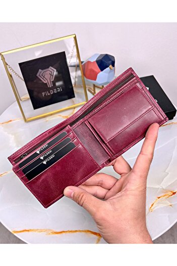 Fil Deri Men's Wallet Genuine Leather with Coin Compartment and Zipper