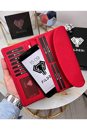 Fil Deri Genuine Leather Women's Red Wallet with Phone Compartment 2049