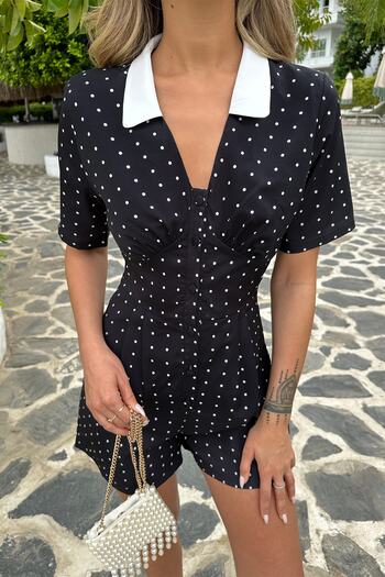 Eyyo Black Polka Dot Shirt Collar Jumpsuit Ate6870