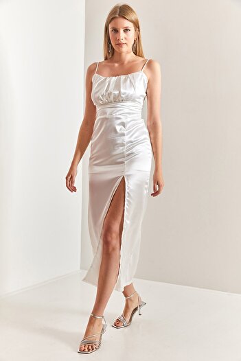 Bianco Lucci Damenkleid aus Satin mit Seilriemen und Schlitz