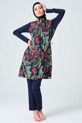 InStyle Complex Pattern Fully Covered Hijab Swimsuit - Navy Blue