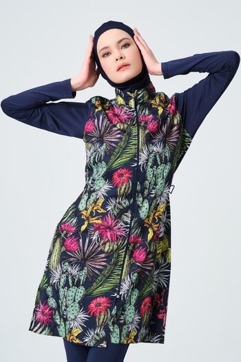 InStyle Complex Pattern Fully Covered Hijab Swimsuit - Navy Blue