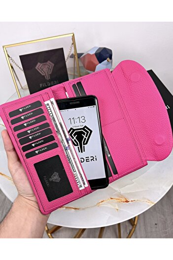 Fil Deri Genuine Leather Women's Pink Wallet with Phone Compartment 2049