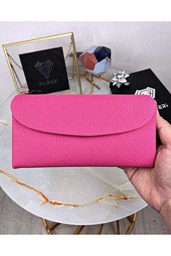 Fil Deri Genuine Leather Women's Pink Wallet with Phone Compartment 2049