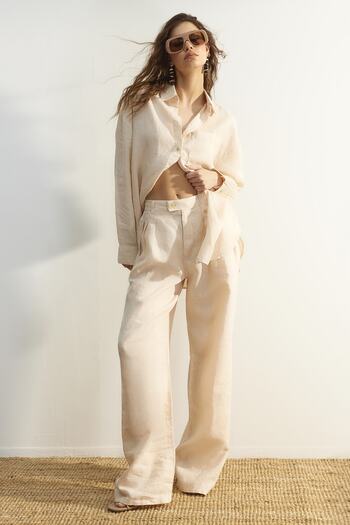 Trendyol Collection Beige 100% Linen Pleated High Waist Wide Leg Pants TWOSS23JE00294