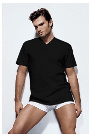 Çift Kaplan Men's Black 3-Piece Single Jersey V-Neck T-shirt Undershirt 945