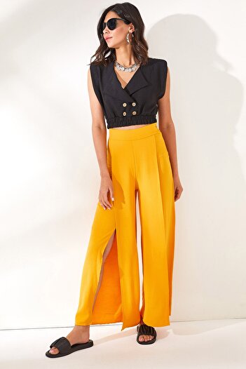 Olalook Women's Mustard Side Zippered Deep Slit Ayrobin Trousers PNT-19000233