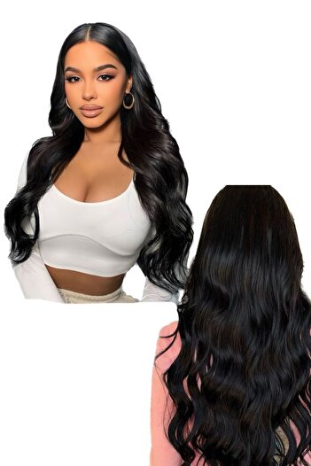 TAKIŞTIR Isıya Dayanıklı Yıkanabilir Yarımay Çıt Çıt Saç -ht1-siyah-dalgalı-60cm-110gr+2 Adet Yan Çıtçıt Saç
