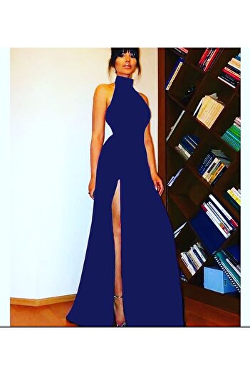 Styling Park Boğazlı Yırtmaçlı Maxi Abiye Elbise