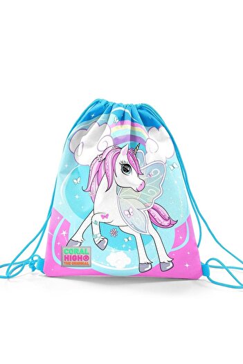Coral High Kids Blue Neon Pink Unicorn Patterned Drawstring Drawstring Backpack 22467