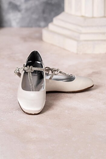 HARLİ Girl's Stone Detailed Mother of Pearl Satin Ballerina Shoes
