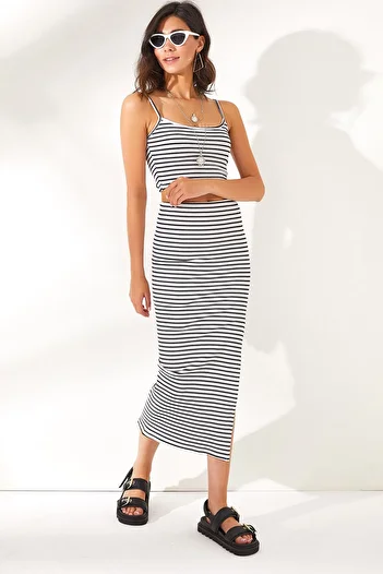 Olalook Women's White Top Strap Bottom Slit Striped Suit TKM-19000206
