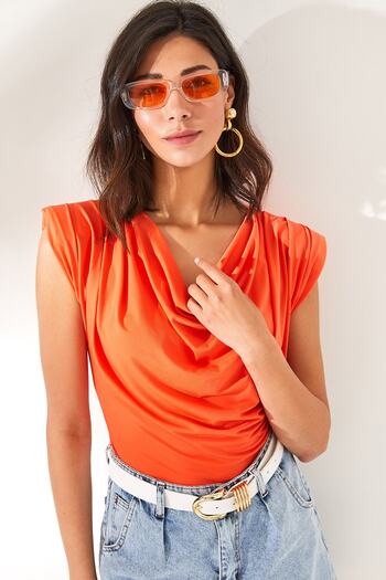 Olalook Women's Orange Padded Collar Loose Blouse BLZ-19002217