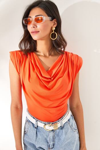 Olalook Women's Orange Padded Collar Loose Blouse BLZ-19002217
