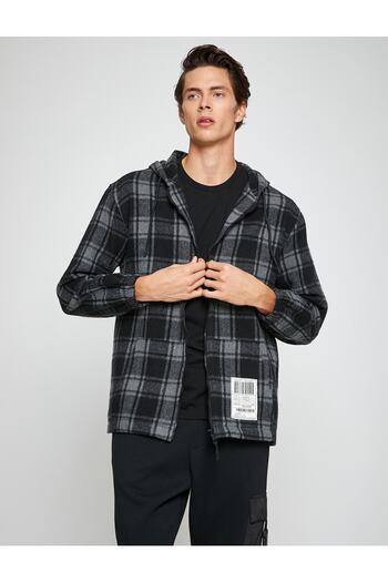 Koton Plaid Hooded Sweatshirt Pocket Detailed Zipper Label Printed