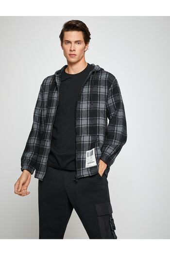 Koton Plaid Hooded Sweatshirt Pocket Detailed Zipper Label Printed