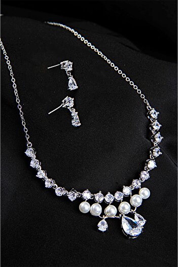 EUROMODA Special Zirconium Stone Glass Pearl Silver Plated Necklace Earring Evening Dress Suit Set