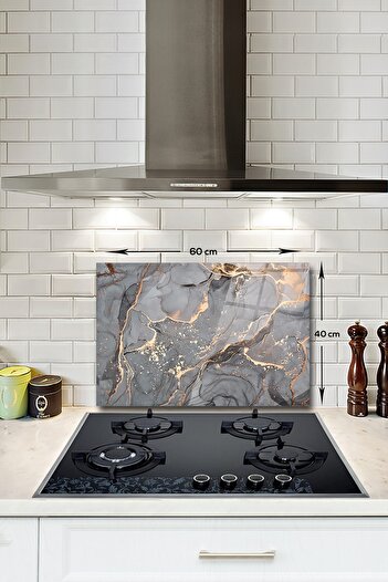 Decorita Cam Ocak Arkası Koruyucu | Gri Gold Mermer | 40cm X 60cm