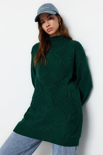 Trendyol Modest Openwork Knit Patterned Dark Green Knitwear Sweater - TCTAW24AK00056