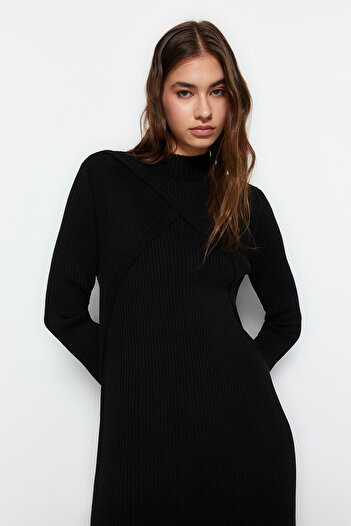 Trendyol Modest Μαύρο μπολερό με διπλό στήθος λεπτομερές πλεκτό φόρεμα TCTAW24EB00011