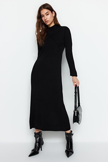 Trendyol Modest Μαύρο μπολερό με διπλό στήθος λεπτομερές πλεκτό φόρεμα TCTAW24EB00011
