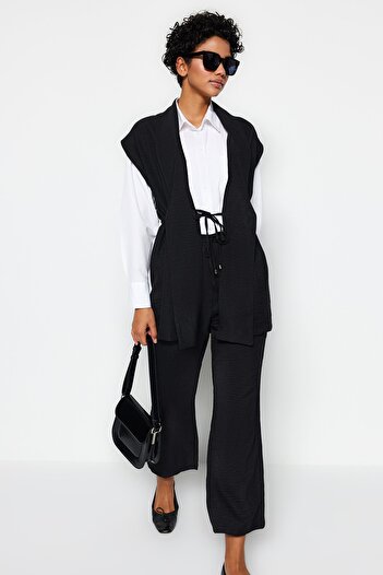 Trendyol Modest Linen Woven Look Black Kimono and Trousers Set - TCTSS23US00061