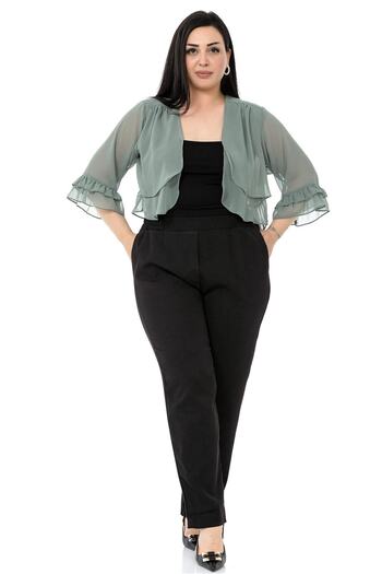 DISENTIS MODEST Plus Size Front Double Layer Sleeve And Back Ruffle Chiffon Water Green Bolero