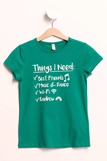 DeFacto Green Girl's Slogan Printed Short Sleeve T-Shirt