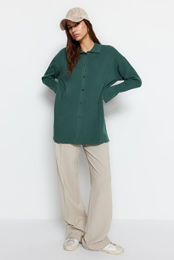 Trendyol Modest Dark Green Ribbed Knitwear Cardigan TCTAW24TH00025